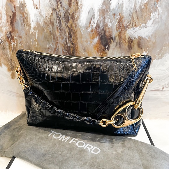 IN STORES  $5200 Tom Ford Black Croc Embossed Leather Carine Large Hobo Bag - Picture 16 of 16